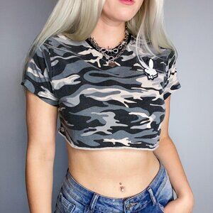 The Cobra Shop Camo Cropped T-Shirt with Playboy Bunny Patch
